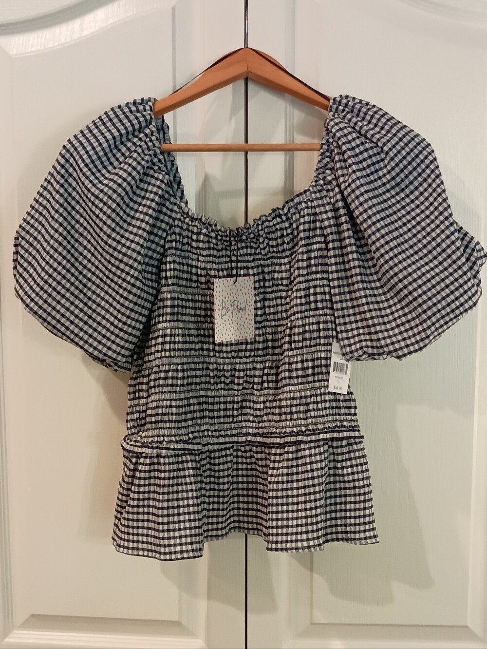 Gingham Puff-Sleeve Peplum Blouse - Black & White